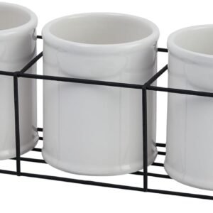Set of 3 White Ceramic Crocks in Black Metal Holder